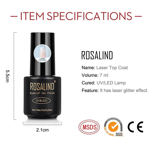 ROSALIND Laser Top Coat Base for Nails - Premium Gel Polish Hybrid Formula - Long-Lasting Shine & Durability - Ideal for Professional Nail Art & Home Use