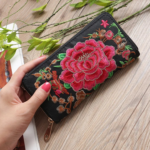 Ethnic Style Embroidery Ladies Wallet - Beautiful Rose Pattern Purse with Zipper Closure - Multi Functional & Stylish Clutch for Women