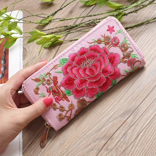 Ethnic Style Embroidery Ladies Wallet - Beautiful Rose Pattern Purse with Zipper Closure - Multi Functional & Stylish Clutch for Women