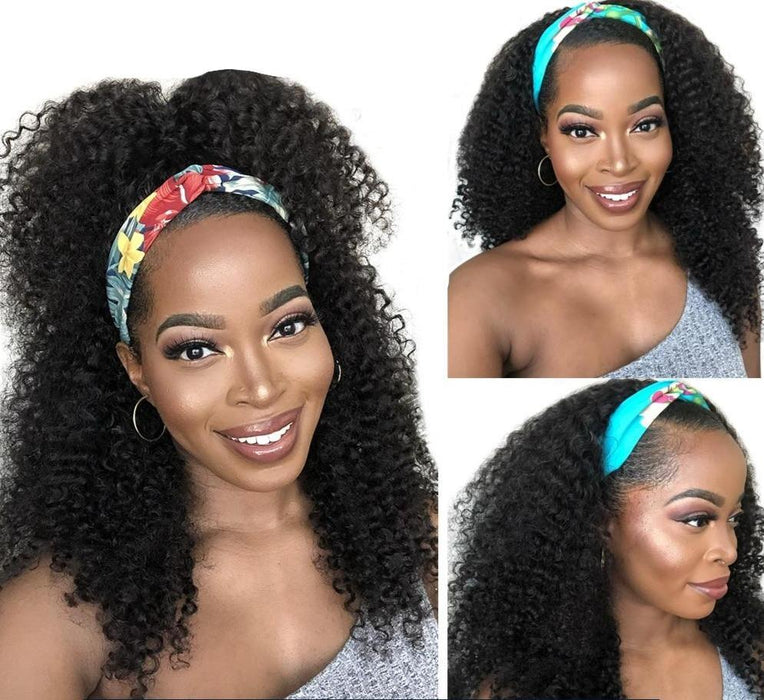 Kinky Curly Human Hair Scarf Wig - 100% Real Human Hair - Adjustable & Comfortable Fit - Easy to Wear & Style