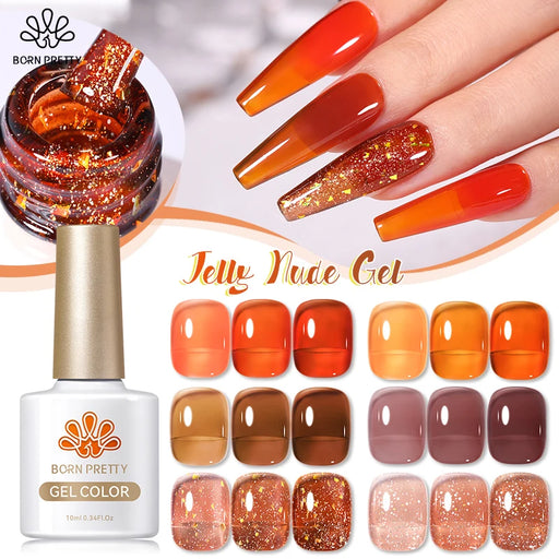 BORN PRETTY Amber Gold Glitter Jelly Gel Nail Polish - Long Lasting & Professional Quality Gel Polish - Easy Application & Quick Drying - Perfect for Manicures, Pedicures & Nail Art | 10ml